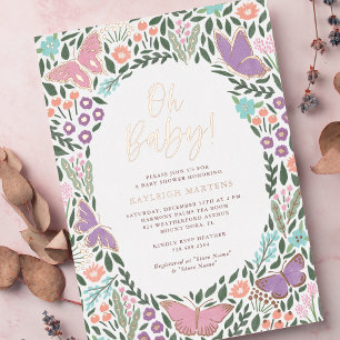 Invitación Con Relieve Metalizado Oh Baby Jardín de Mariposas Elegantes Fiesta de Be