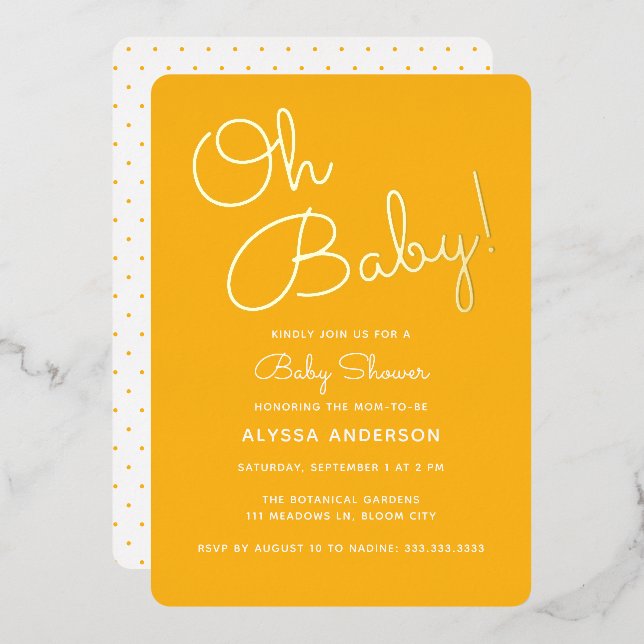 Invitación Con Relieve Metalizado Oh Baby Modern Minimal Yellow Summer Baby Shower (Anverso/Reverso)