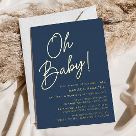 Invitación Con Relieve Metalizado Oh Baby Navy y Gold Script Baby Shower