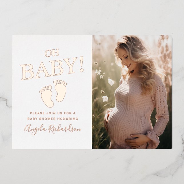 Invitación Con Relieve Metalizado Oh Baby Personalizado Photo Baby Shower (Anverso)