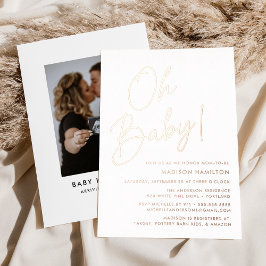Invitación Con Relieve Metalizado Oh Baby Rosa Gold Script Photo Baby Shower