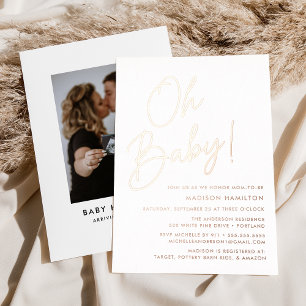 Invitación Con Relieve Metalizado Oh Baby Rose Gold Script Foto Baby Shower