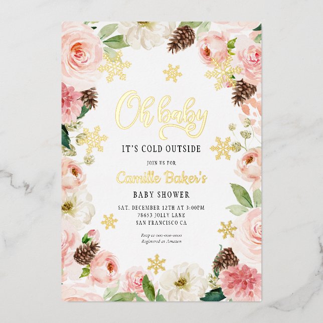 Invitación Con Relieve Metalizado Oh Baby Winter Girl Baby Shower (Anverso)
