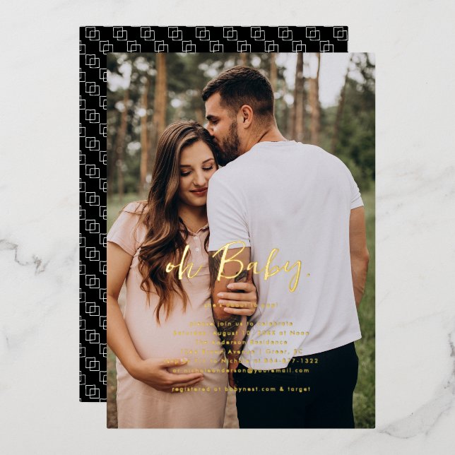 Invitación Con Relieve Metalizado Oh, bebé | Simple Photo Baby Shower (Anverso/Reverso)