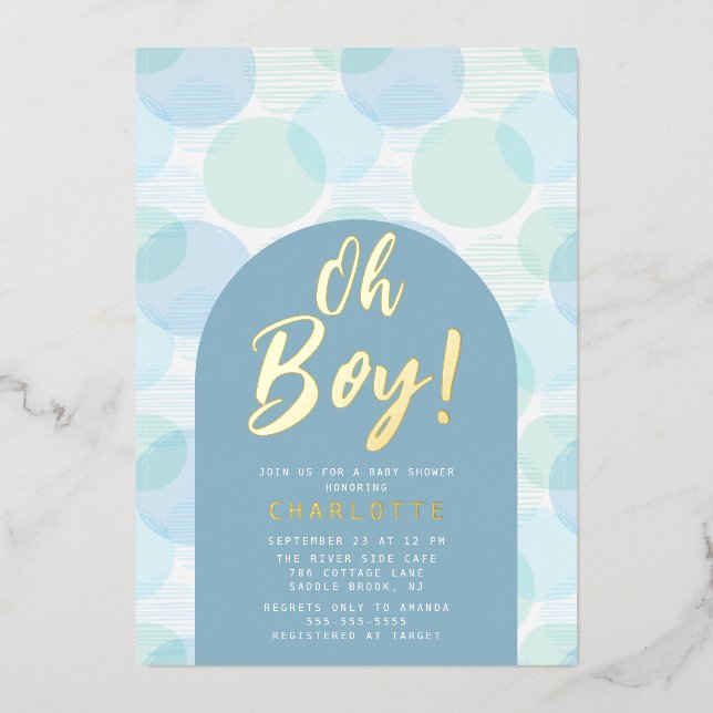 Invitación Con Relieve Metalizado Oh Boy Polka Dots Baby Shower (Anverso)
