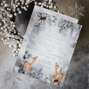 Invitación Con Relieve Metalizado Oh Deer Rústico Floral de Invierno Feliz Navidad