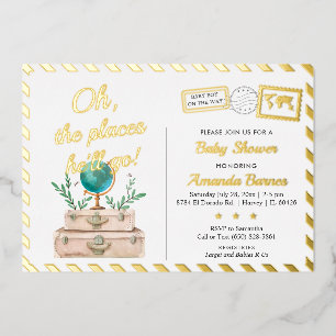Invitación Con Relieve Metalizado Oh Los Lugares Viajar Niño Bebé Ducha Mapa De Aven