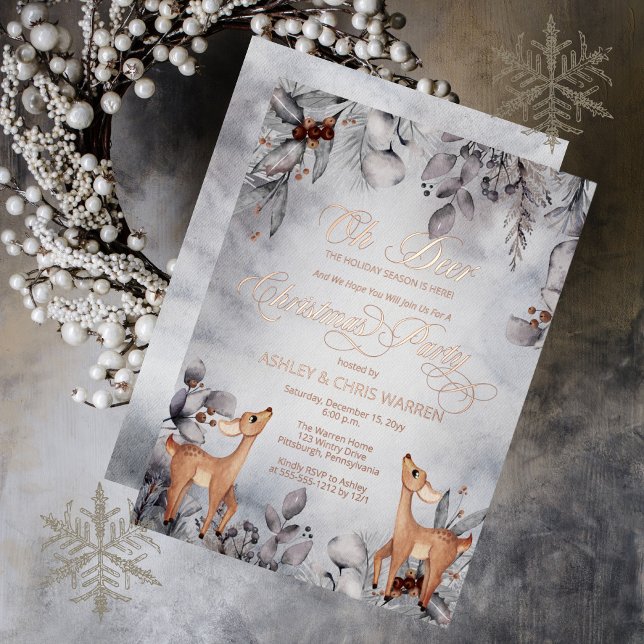 Invitación Con Relieve Metalizado Oh Rústico de venado invierno Floral Feliz Navidad (Subido por el creador)
