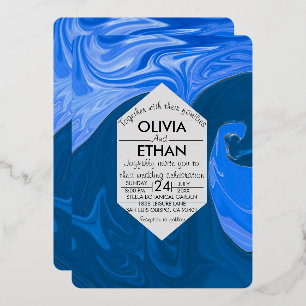 Invitación Con Relieve Metalizado Olas azules arte abstracto Boda Relieve metalizado