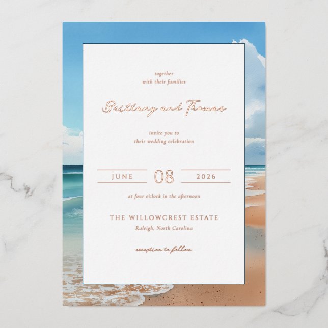 Invitación Con Relieve Metalizado Olas serenas de la playa azul (Anverso)