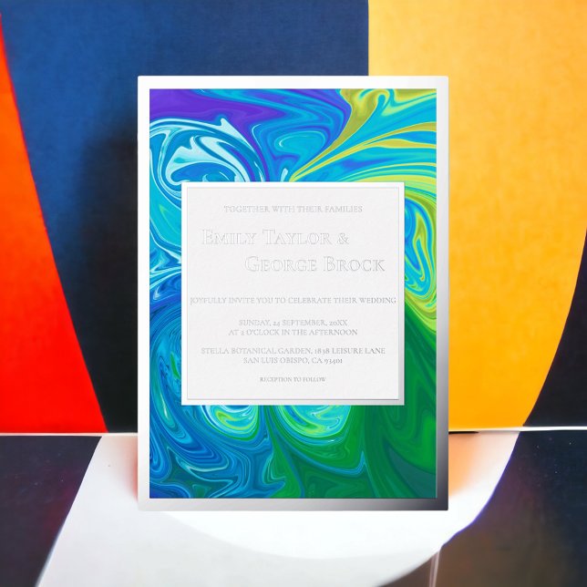 Invitación Con Relieve Metalizado Olas verdes azules de la marina moderna Boda de ar (Subido por el creador)