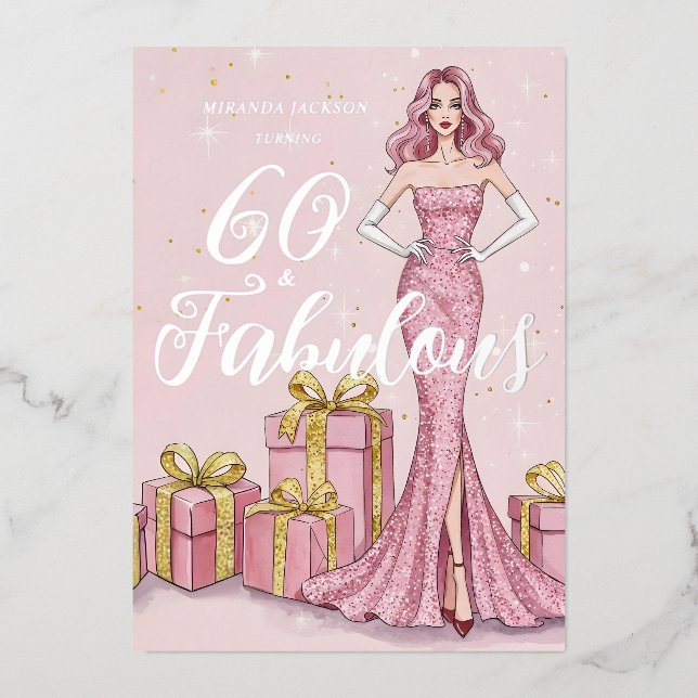 Invitación Con Relieve Metalizado Old Hollywood Glam Pink Glitter Silver Birthday (Anverso)