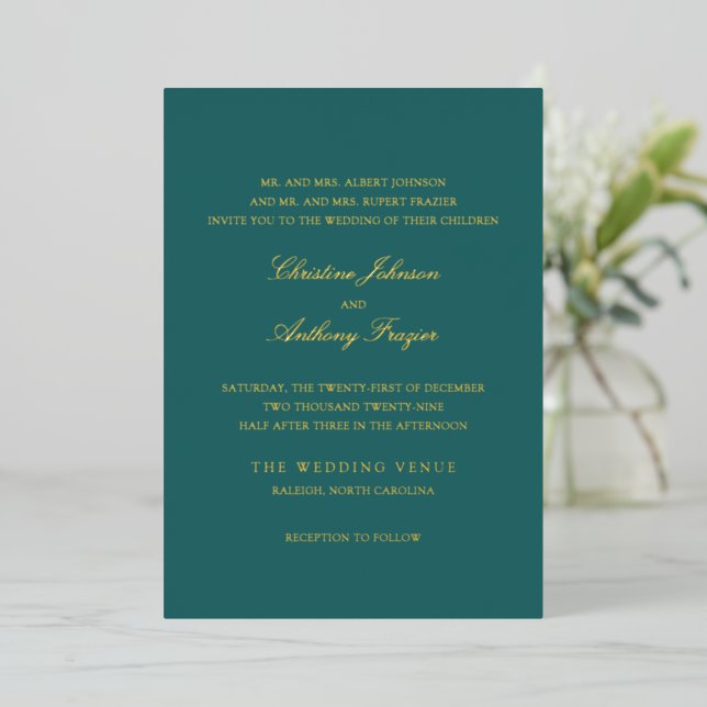Invitación Con Relieve Metalizado Old Money Teal Classic Wedding (Anverso de pie)
