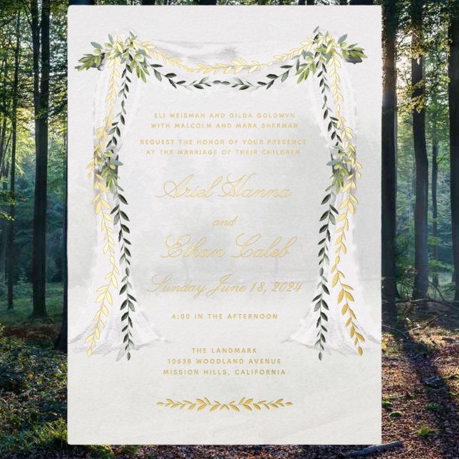 Invitación Con Relieve Metalizado Olive Branch Chuppah Forest Wedding Gold (Subido por el creador)