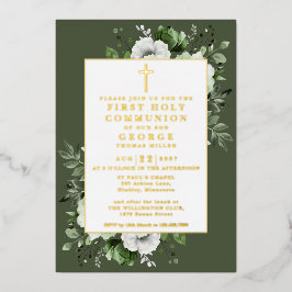 Invitación Con Relieve Metalizado Olive Green Boho Floral First Holy Communia Gold