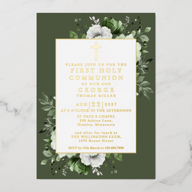 Invitación Con Relieve Metalizado Olive Green Boho Floral First Holy Communia Gold (Anverso)