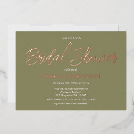 Invitación Con Relieve Metalizado Olive Minimalista Escritura Bridal Shower Rosa Dor