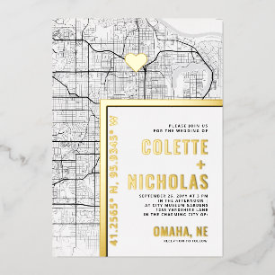 Invitación Con Relieve Metalizado Omaha Localizador de Amor Boda con tema de ciuda