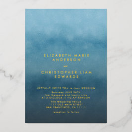 Invitación Con Relieve Metalizado Ombre azul acuarela Boda Minimalista oro