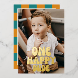 Invitación Con Relieve Metalizado One Happy Dude Boy Emoji de fotos de cumpleaños