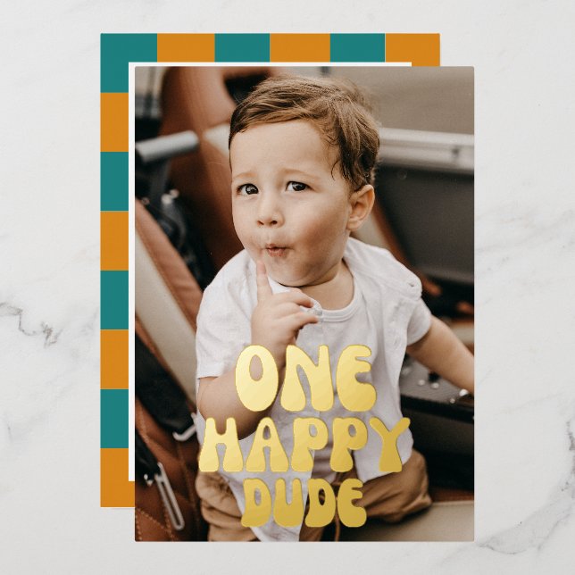 Invitación Con Relieve Metalizado One Happy Dude Boy Emoji de fotos de cumpleaños (Anverso/Reverso)