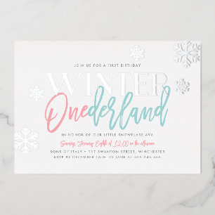 Invitación Con Relieve Metalizado ONEderland de Invierno Cumpleaños 1 Rosa Azul Plat