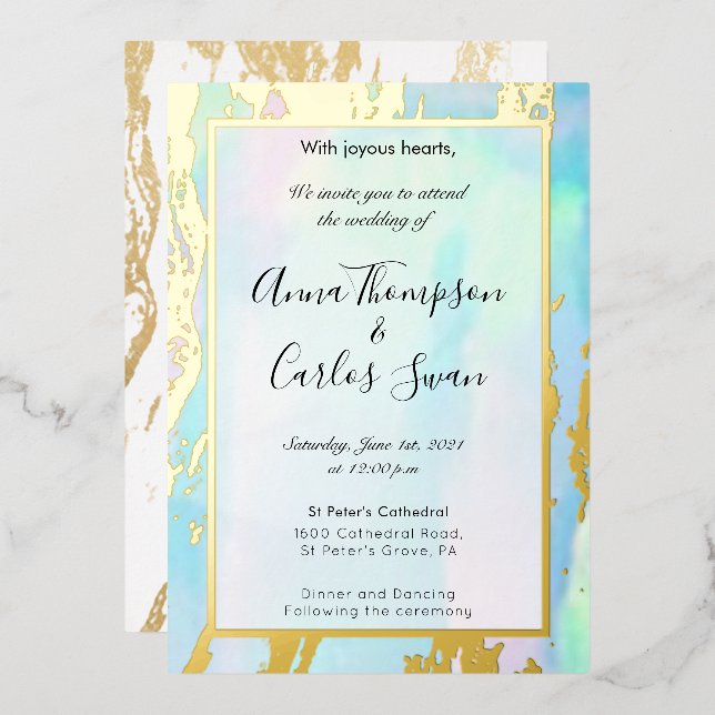 Invitación Con Relieve Metalizado Opal Gemstone elegante y moderno con detalles en o (Anverso/Reverso)