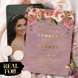 Invitación Con Relieve Metalizado Ophelia Floral Cottagecore Foto Boda Gold