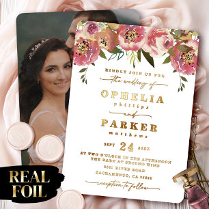 Invitación Con Relieve Metalizado Ophelia Floral Foto de Compromiso Boda Oro Real