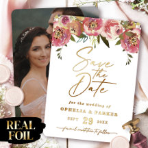 Ophelia Floral Foto Save the Date con Oro Real