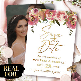 Invitación Con Relieve Metalizado Ophelia Floral Photo Save the Date with Real Gold