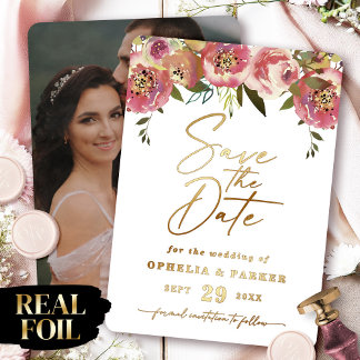 Invitación Con Relieve Metalizado Ophelia Floral Photo Save the Date with Real Gold