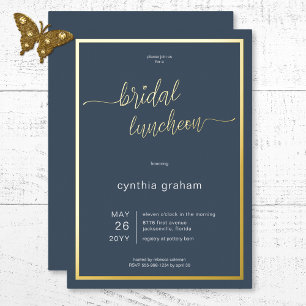 Invitación Con Relieve Metalizado Opulent Blue Modern Minimal Bridal Luncheon