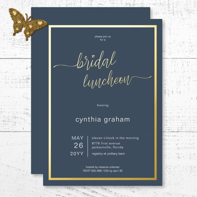 Invitación Con Relieve Metalizado Opulent Blue Modern Minimal Bridal Luncheon (Opulent Blue Modern Minimal Bridal Luncheon Foil Invitation)