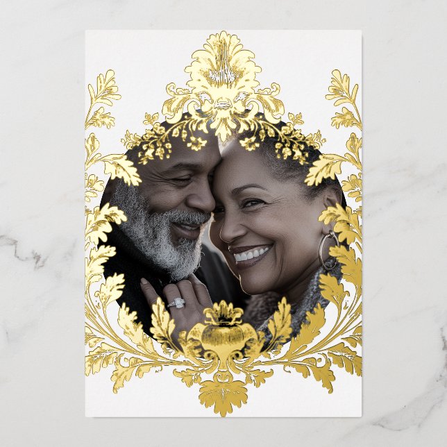 Invitación Con Relieve Metalizado Opulent Gold Motif con foto, Boda, (Anverso)