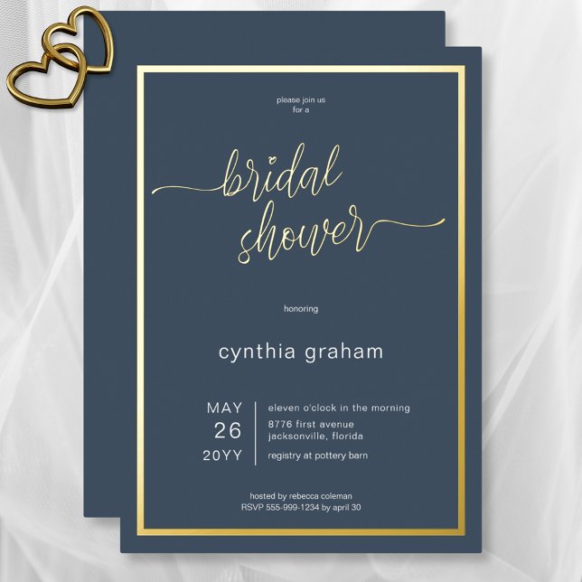 Invitación Con Relieve Metalizado Opulento Blue Modern Minimal Bridal Shower (Opulent Blue Modern Minimal Bridal Shower Foil Invitation)