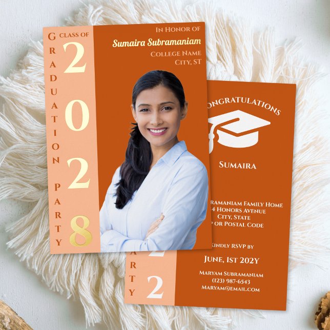 Invitación Con Relieve Metalizado Orange Modern Photo Graduation Party Gold (Subido por el creador)