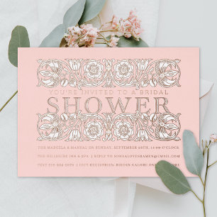 Invitación Con Relieve Metalizado Ornamentos florales antiguos ducha de novia Rubor
