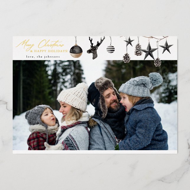 Invitación Con Relieve Metalizado Ornamentos negros y Para Photo Feliz Navidad (Anverso)