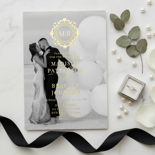 Invitación Con Relieve Metalizado Ornate Floral Monograma Boda Foto Elegante (Subido por el creador)