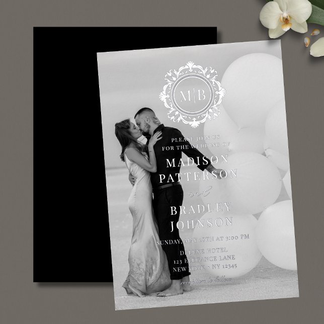 Invitación Con Relieve Metalizado Ornate Floral Monograma Boda Foto Elegante (Subido por el creador)