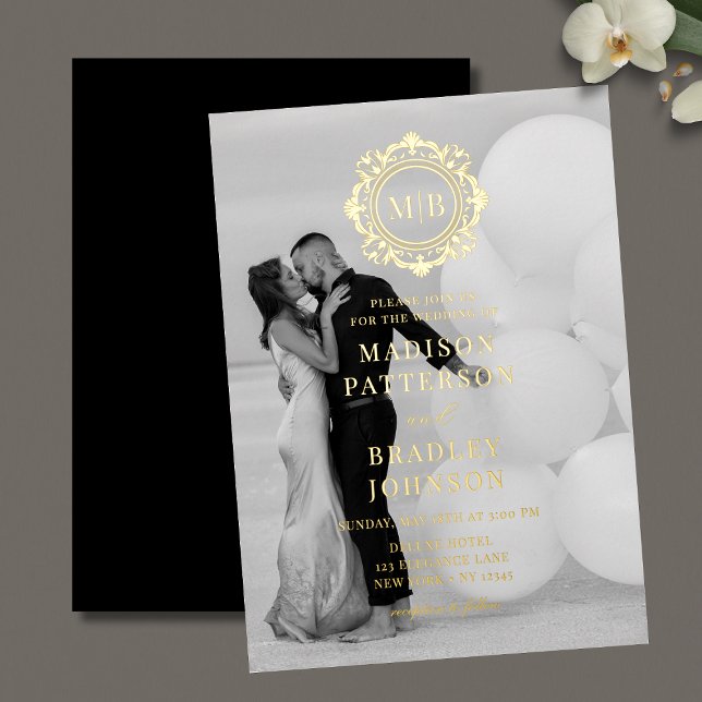 Invitación Con Relieve Metalizado Ornate Floral Monograma Boda Foto Elegante (Subido por el creador)