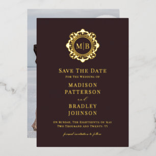 Invitación Con Relieve Metalizado Ornate Floral Monograma Fotos Boda Guardar La Fech