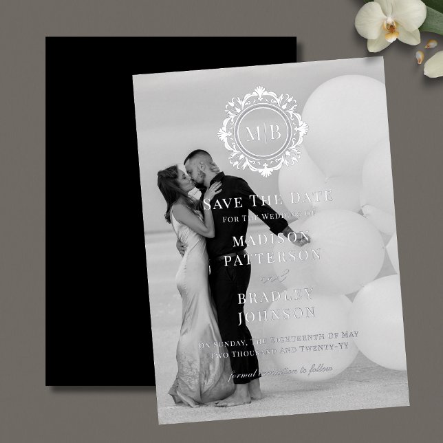 Invitación Con Relieve Metalizado Ornate Floral Monograma Fotos Boda Guardar La Fech (Subido por el creador)