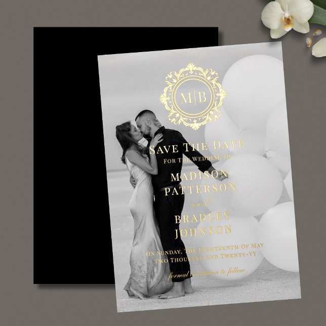 Invitación Con Relieve Metalizado Ornate Floral Monograma Fotos Boda Guardar La Fech (Subido por el creador)