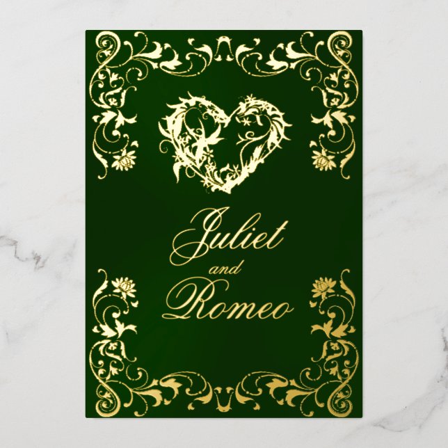 Invitación Con Relieve Metalizado Ornate Frame & Heart - Emerald (Anverso)