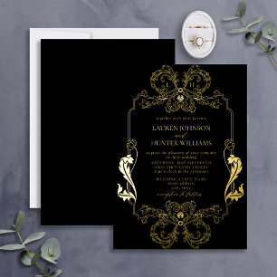 Invitación Con Relieve Metalizado Ornate Gold Black Floral Line Art Monograma Boda