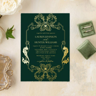 Invitación Con Relieve Metalizado Ornate Gold Green Floral Line Art Monograma Boda