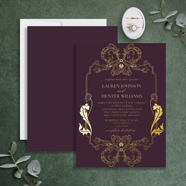 Invitación Con Relieve Metalizado Ornate Gold Purple Floral Line Monograma Boda (Subido por el creador)