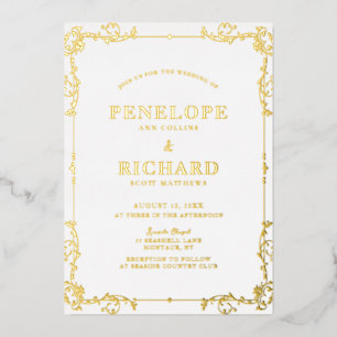Invitación Con Relieve Metalizado Ornate Vintage Swirl Border Boda Gold